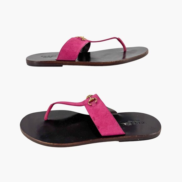 Gucci Horsebit T-Strap Flip Flop Thong Flat Sandal Pink Suede Size 38 US 8 Women - Picture 7 of 13